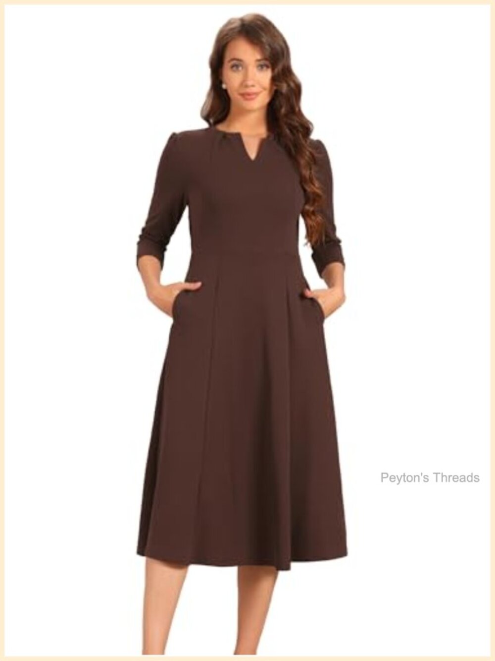 Elegant 3/4 Sleeve A-Line Midi Dress with Pockets